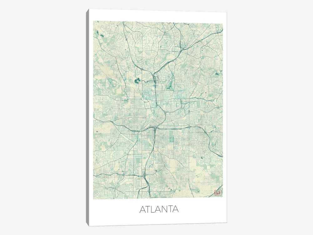Atlanta Vintage Blue Watercolor Urban Blueprint Map by Hubert Roguski 1-piece Canvas Wall Art
