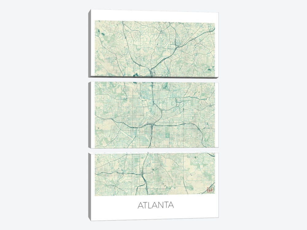Atlanta Vintage Blue Watercolor Urban Blueprint Map by Hubert Roguski 3-piece Canvas Wall Art