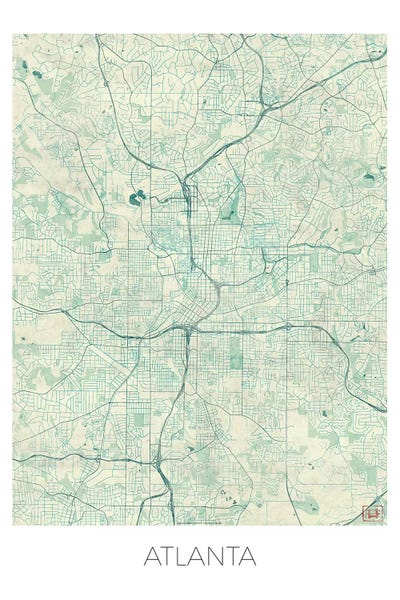 Hubert Roguski: Atlanta Vintage Blue Watercolor Urban Blueprint Map by Hubert Roguski