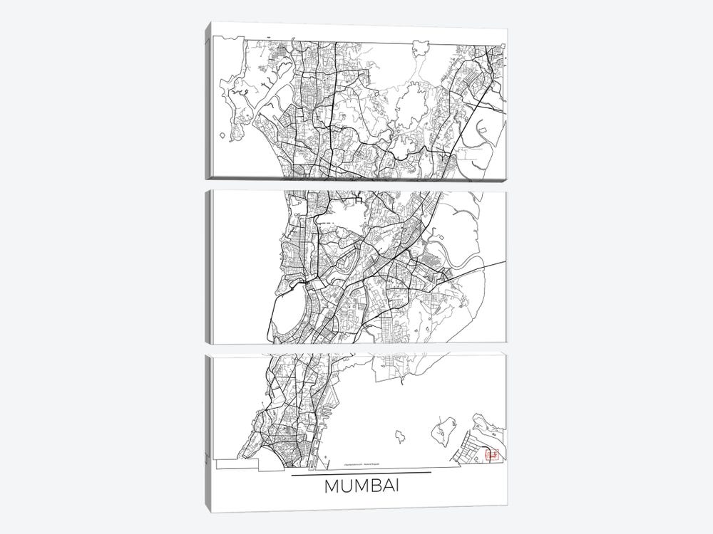 Mumbai Minimal Urban Blueprint Map 3-piece Canvas Wall Art