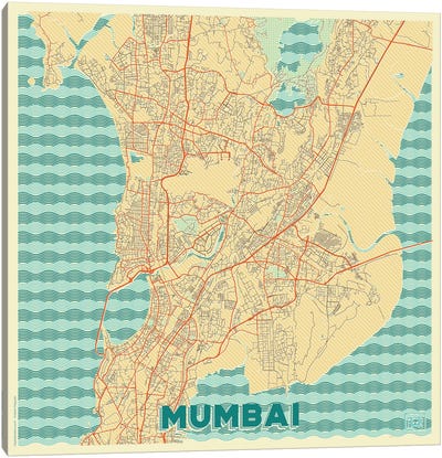 Mumbai Retro Urban Blueprint Map Canvas Art Print - Hubert Roguski