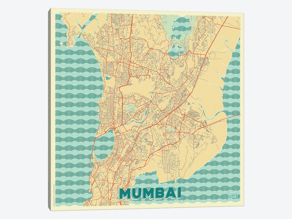 Mumbai Retro Urban Blueprint Map by Hubert Roguski 1-piece Canvas Wall Art