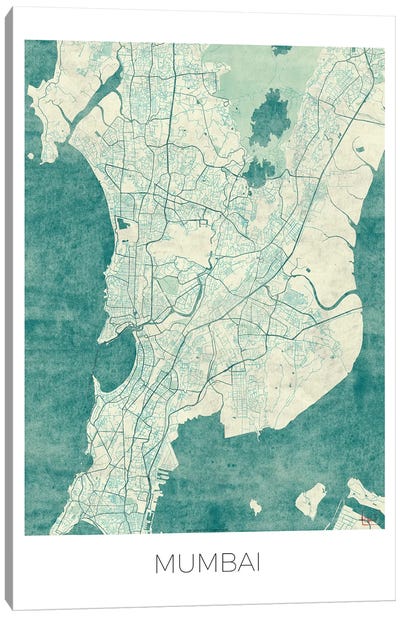 Mumbai Vintage Blue Watercolor Urban Blueprint Map Canvas Art Print - Hubert Roguski
