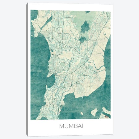 Mumbai Vintage Blue Watercolor Urban Blueprint Map Canvas Print #HUR253} by Hubert Roguski Canvas Art Print