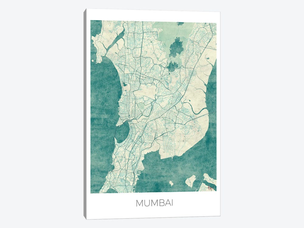 Mumbai Vintage Blue Watercolor Urban Blueprint Map 1-piece Canvas Print