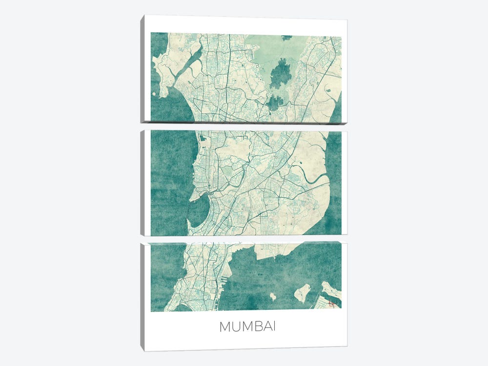 Mumbai Vintage Blue Watercolor Urban Blueprint Map by Hubert Roguski 3-piece Canvas Art Print