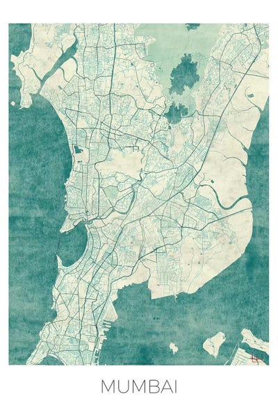 Maharashtra: Mumbai Vintage Blue Watercolor Urban Blueprint Map by Hubert Roguski