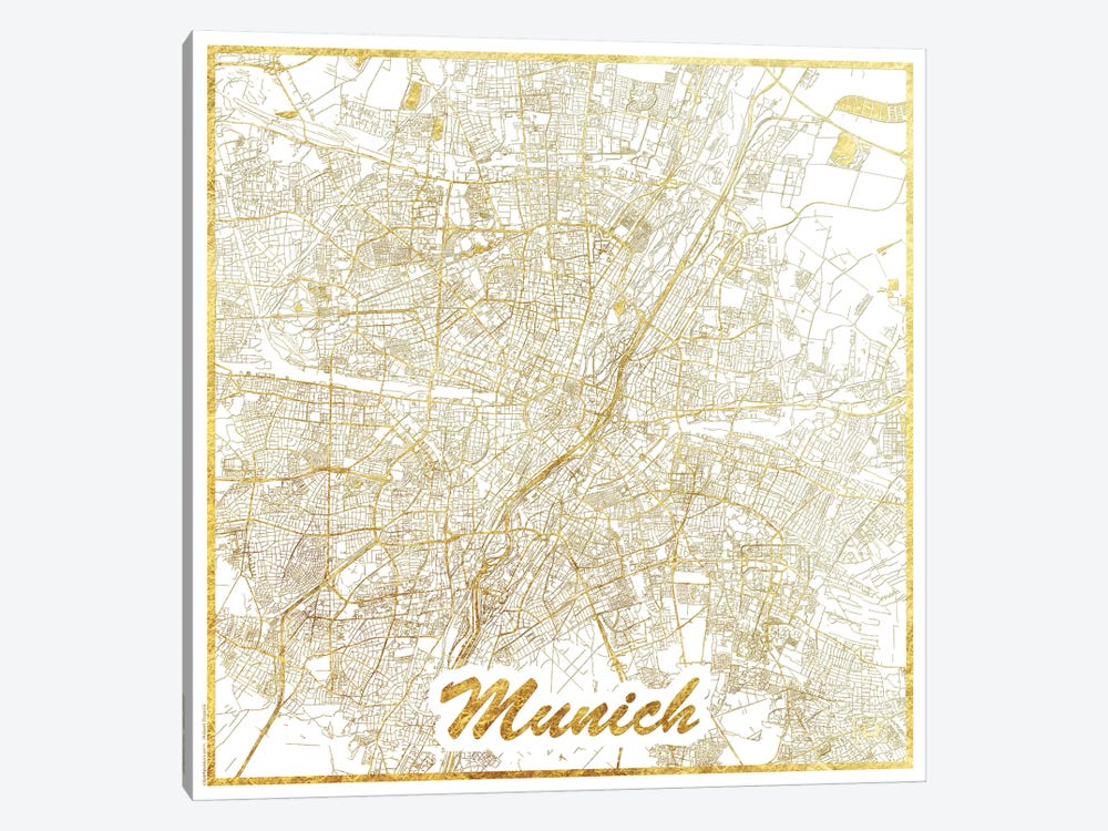 Munich Gold Leaf Urban Blueprint Map by Hubert Roguski 1-piece Canvas Art