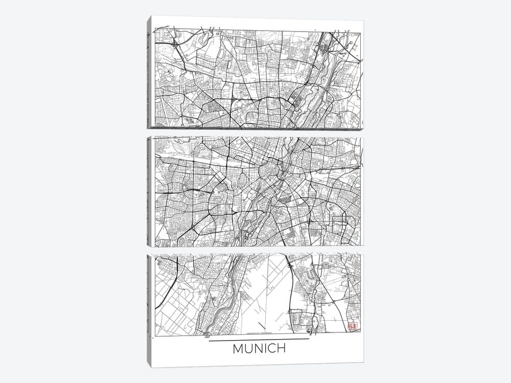 Munich Minimal Urban Blueprint Map by Hubert Roguski 3-piece Canvas Art Print