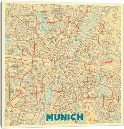 Munich Retro Urban Blueprint Map Canvas Art Print - Munich Art