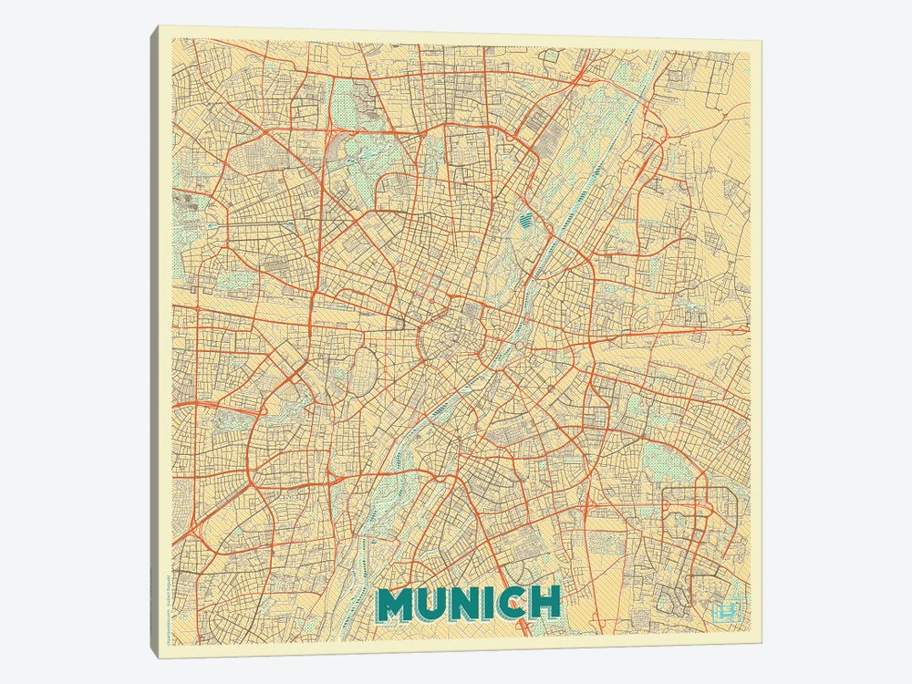 Munich Retro Urban Blueprint Map by Hubert Roguski 1-piece Canvas Print