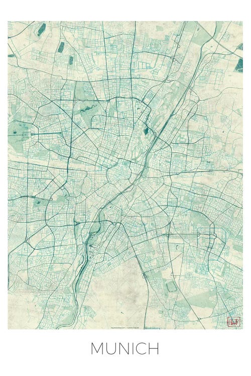 Munich Vintage Blue Watercolor Urban Blueprint Map