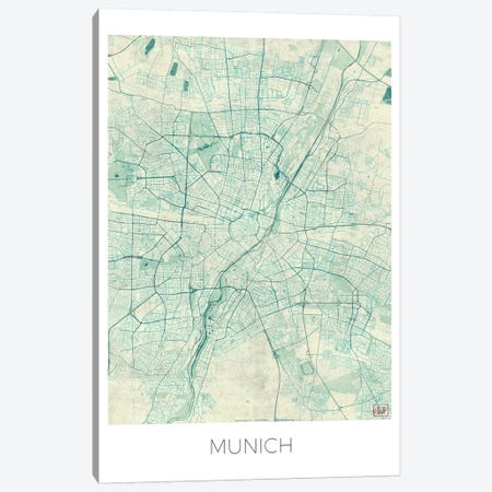 Munich Vintage Blue Watercolor Urban Blueprint Map Canvas Print #HUR258} by Hubert Roguski Canvas Print