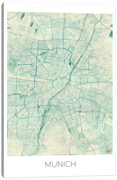 Munich Vintage Blue Watercolor Urban Blueprint Map Canvas Art Print