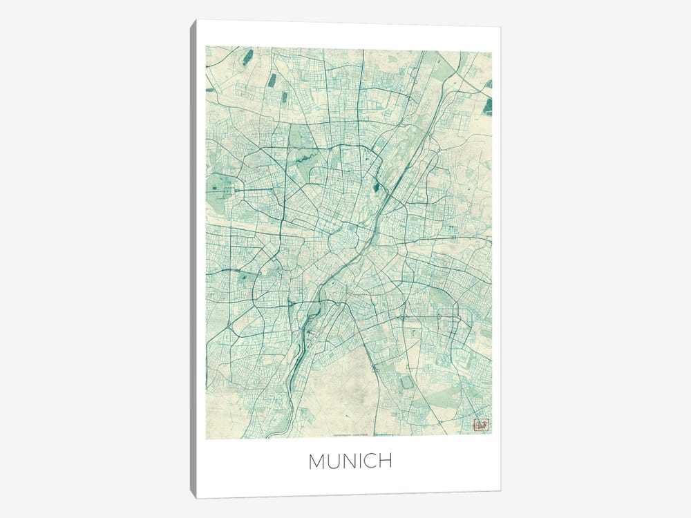 Munich Vintage Blue Watercolor Urban Blueprint Map by Hubert Roguski 1-piece Canvas Artwork