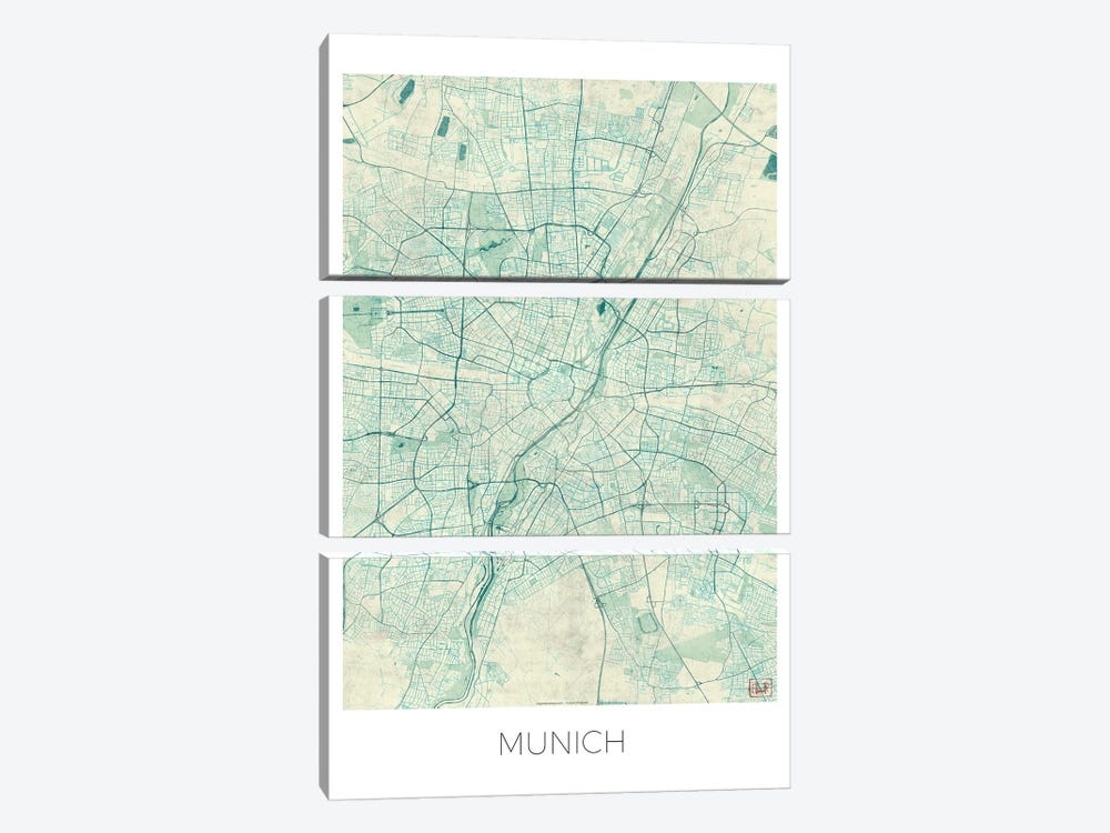 Munich Vintage Blue Watercolor Urban Blueprint Map by Hubert Roguski 3-piece Canvas Artwork