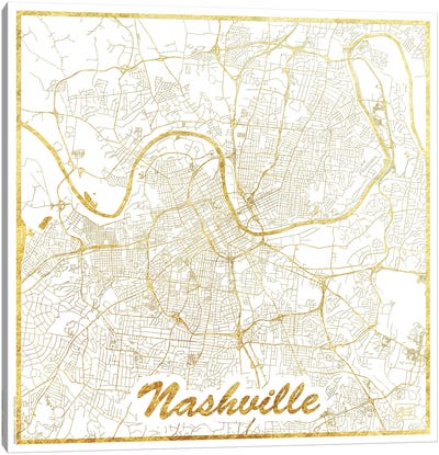 Nashville Gold Leaf Urban Blueprint Map Canvas Art Print - Black, White & Gold Art