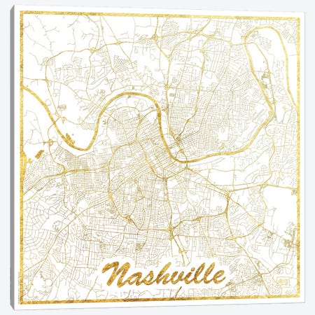 Nashville Gold Leaf Urban Blueprint Map Canvas Print #HUR259} by Hubert Roguski Canvas Print