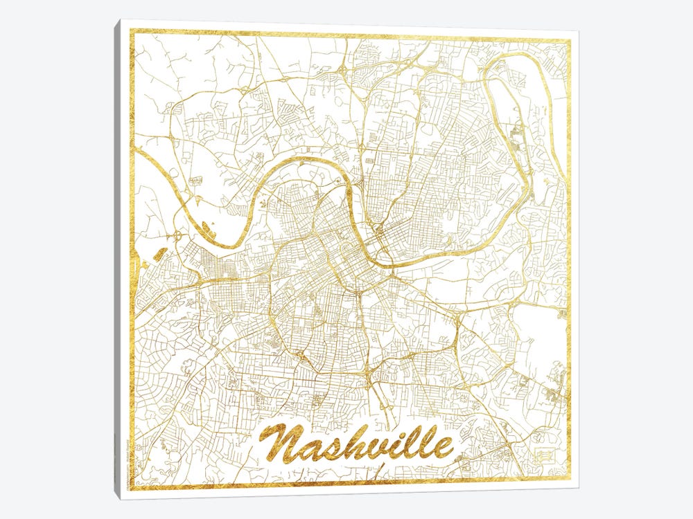 Nashville Gold Leaf Urban Blueprint Map by Hubert Roguski 1-piece Canvas Art Print