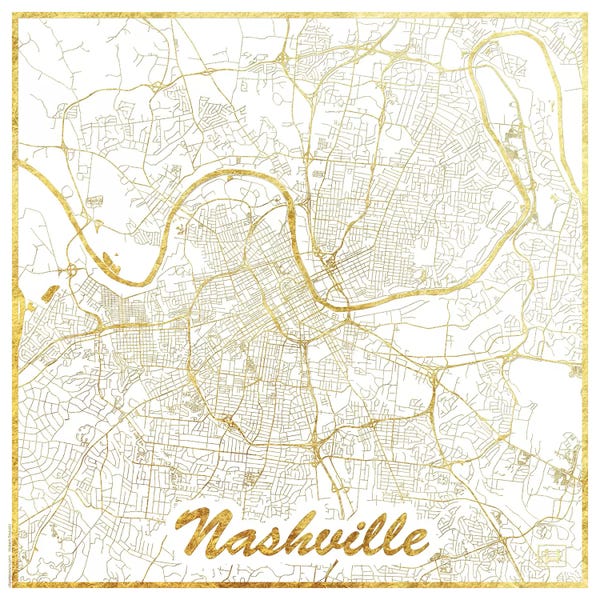 Large Map Art - Canvas Prints: Nashville Gold Leaf Urban Blueprint Map by Hubert Roguski