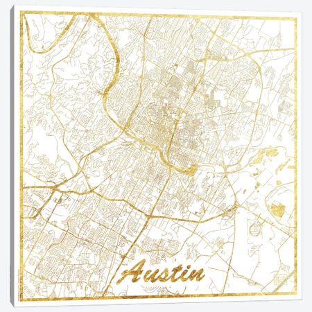 Austin Gold Leaf Urban Blueprint Map Canvas Print #HUR25} by Hubert Roguski Canvas Art