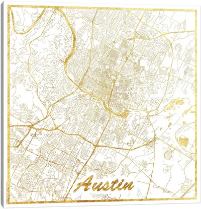 Austin Gold Leaf Urban Blueprint Map Canvas Art Print - Gold & White Art