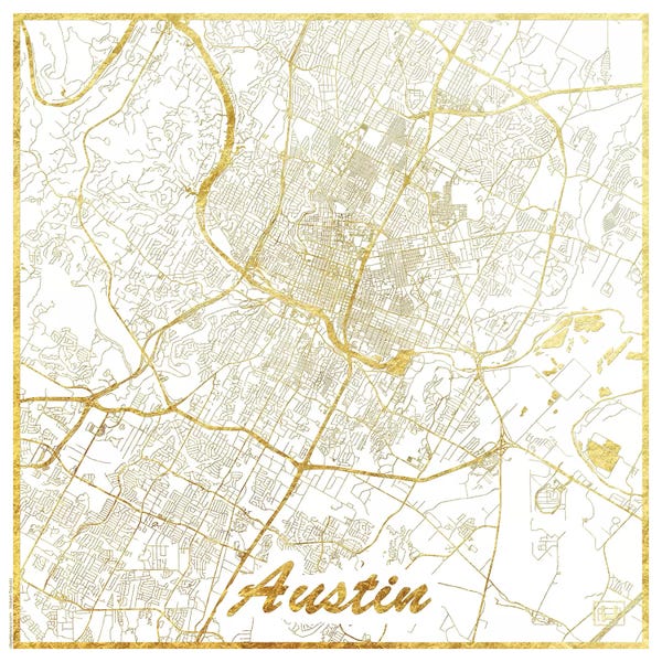 Large Map Art - Canvas Prints: Austin Gold Leaf Urban Blueprint Map by Hubert Roguski