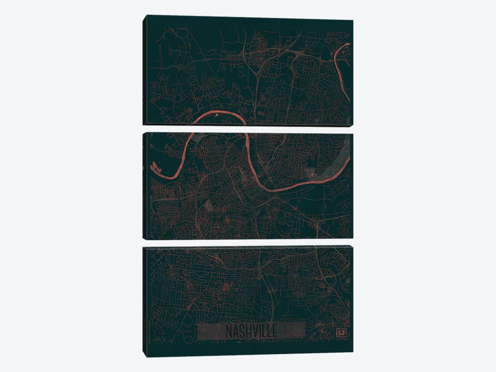 Nashville Infrared Urban Blueprint Map by Hubert Roguski 3-piece Canvas Artwork
