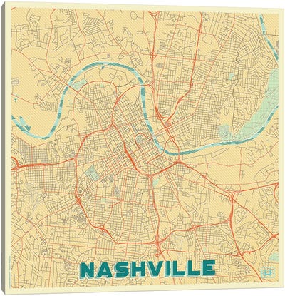 Nashville Retro Urban Blueprint Map Canvas Art Print - Nashville Art