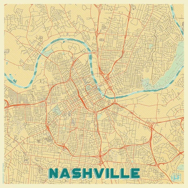 Tennessee: Nashville Retro Urban Blueprint Map by Hubert Roguski