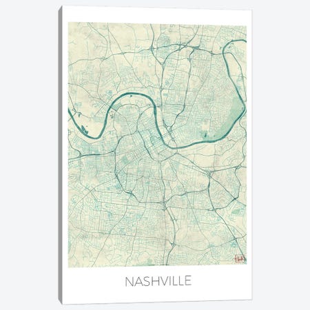 Nashville Vintage Blue Watercolor Urban Blueprint Map Canvas Print #HUR263} by Hubert Roguski Canvas Artwork