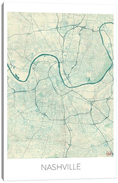 Nashville Vintage Blue Watercolor Urban Blueprint Map Canvas Art Print - Nashville Maps
