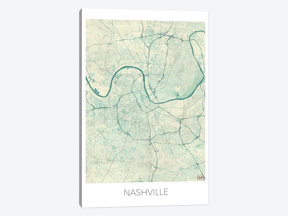 Nashville Vintage Blue Watercolor Urban Blueprint Map by Hubert Roguski 1-piece Canvas Artwork
