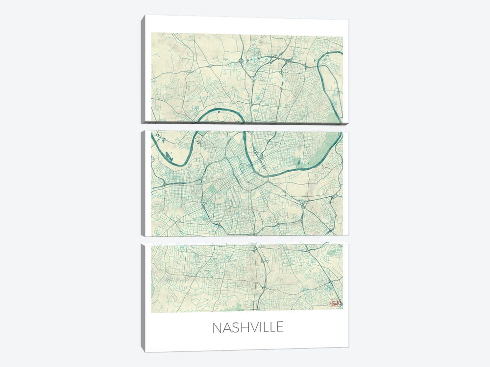 Nashville Vintage Blue Watercolor Urban Blueprint Map by Hubert Roguski 3-piece Canvas Wall Art