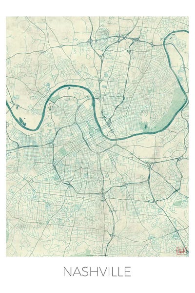Hubert Roguski: Nashville Vintage Blue Watercolor Urban Blueprint Map by Hubert Roguski