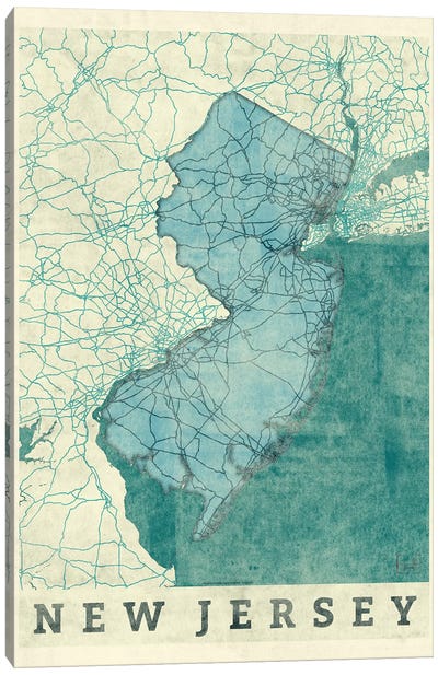 New Jersey Map Canvas Art Print - Hubert Roguski
