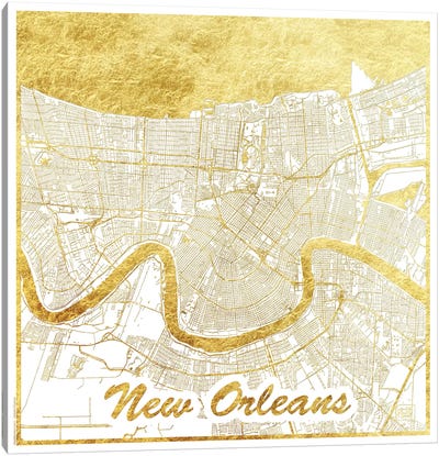 New Orleans Gold Leaf Urban Blueprint Map Canvas Art Print - New Orleans Maps