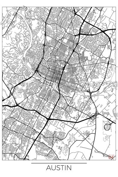 Large Map Art - Canvas Prints: Austin Minimal Urban Blueprint Map by Hubert Roguski