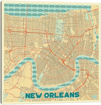 New Orleans Retro Urban Blueprint Map Canvas Art Print - Louisiana Art