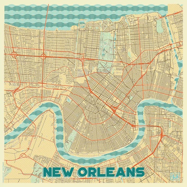 Hubert Roguski: New Orleans Retro Urban Blueprint Map by Hubert Roguski