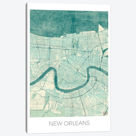 New Orleans Vintage Blue Watercolor Urban Blueprint Map Canvas Print #HUR273} by Hubert Roguski Canvas Art Print