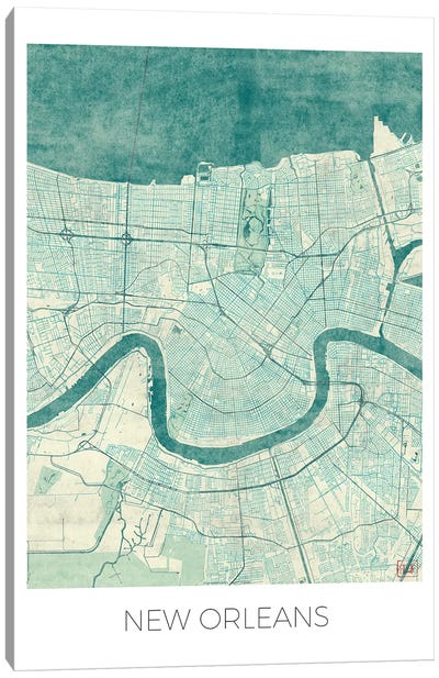 New Orleans Vintage Blue Watercolor Urban Blueprint Map Canvas Art Print - New Orleans Art