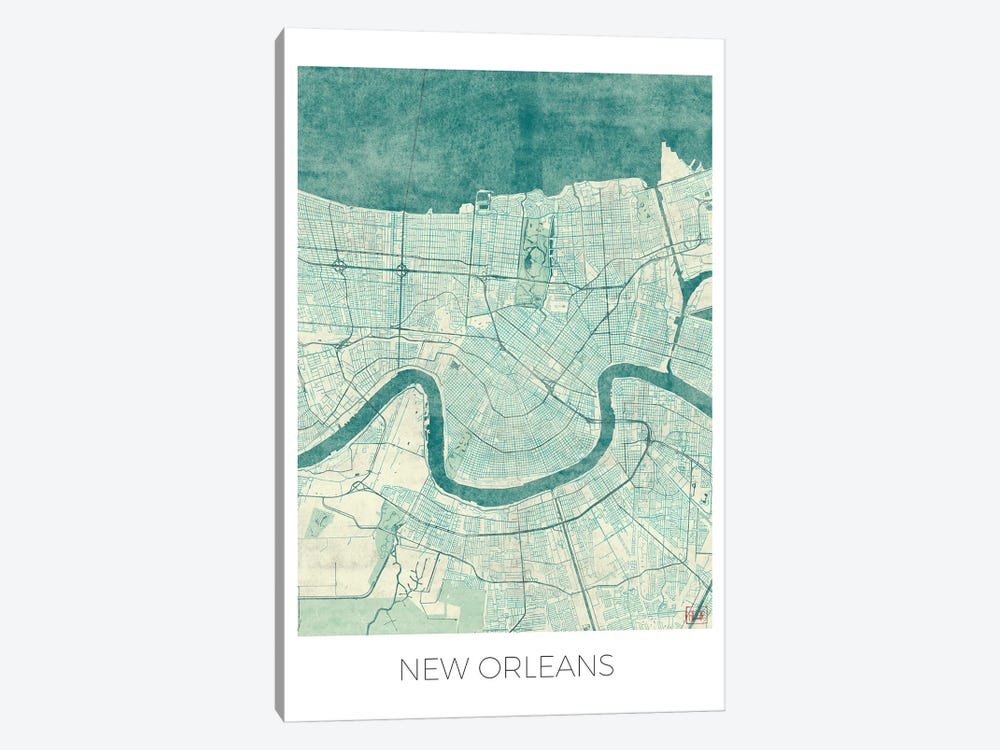 New Orleans Vintage Blue Watercolor Urban Blueprint Map by Hubert Roguski 1-piece Canvas Art Print