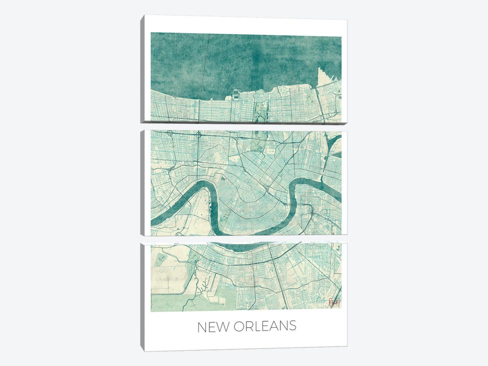 New Orleans Vintage Blue Watercolor Urban Blueprint Map by Hubert Roguski 3-piece Canvas Print
