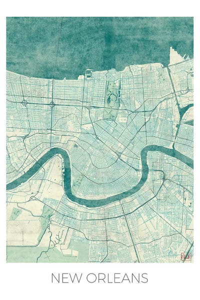 Hubert Roguski: New Orleans Vintage Blue Watercolor Urban Blueprint Map by Hubert Roguski
