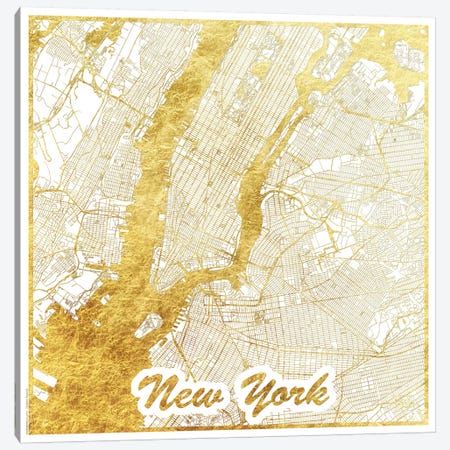 New York Gold Leaf Urban Blueprint Map Canvas Print #HUR275} by Hubert Roguski Canvas Wall Art