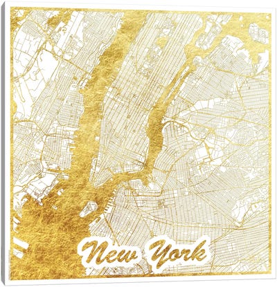 New York Gold Leaf Urban Blueprint Map Canvas Art Print - Gold & White Art