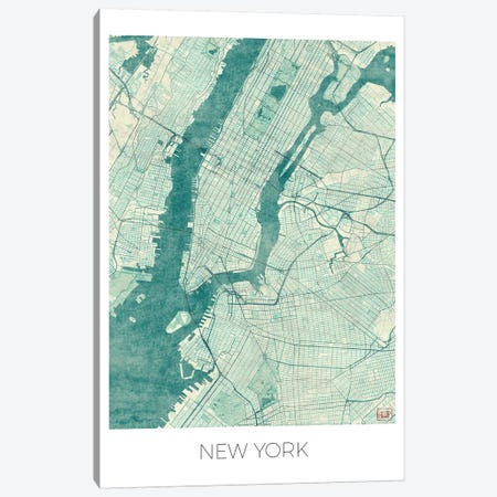 New York Vintage Blue Watercolor Urban Blueprint Map Canvas Print #HUR279} by Hubert Roguski Art Print