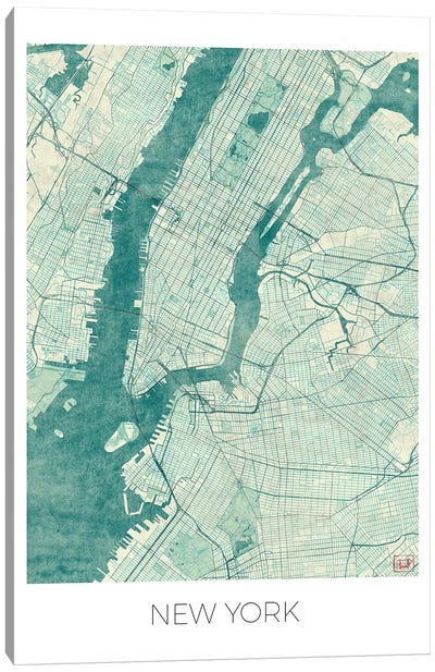 New York Vintage Blue Watercolor Urban Blueprint Map Canvas Art Print - New York City Map