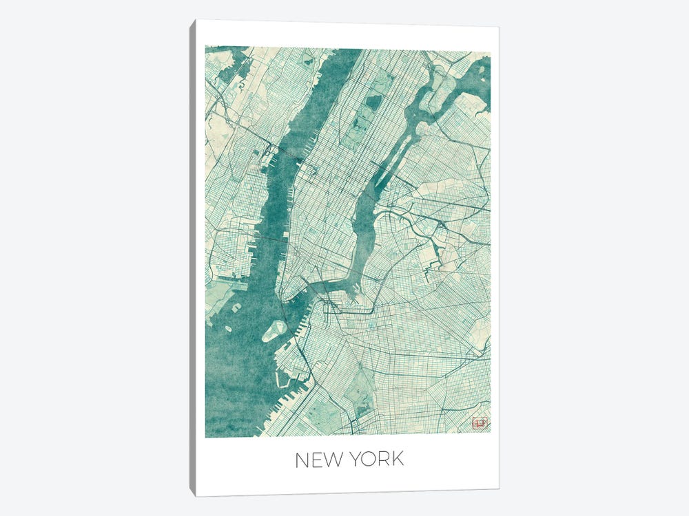 New York Vintage Blue Watercolor Urban Blueprint Map by Hubert Roguski 1-piece Art Print